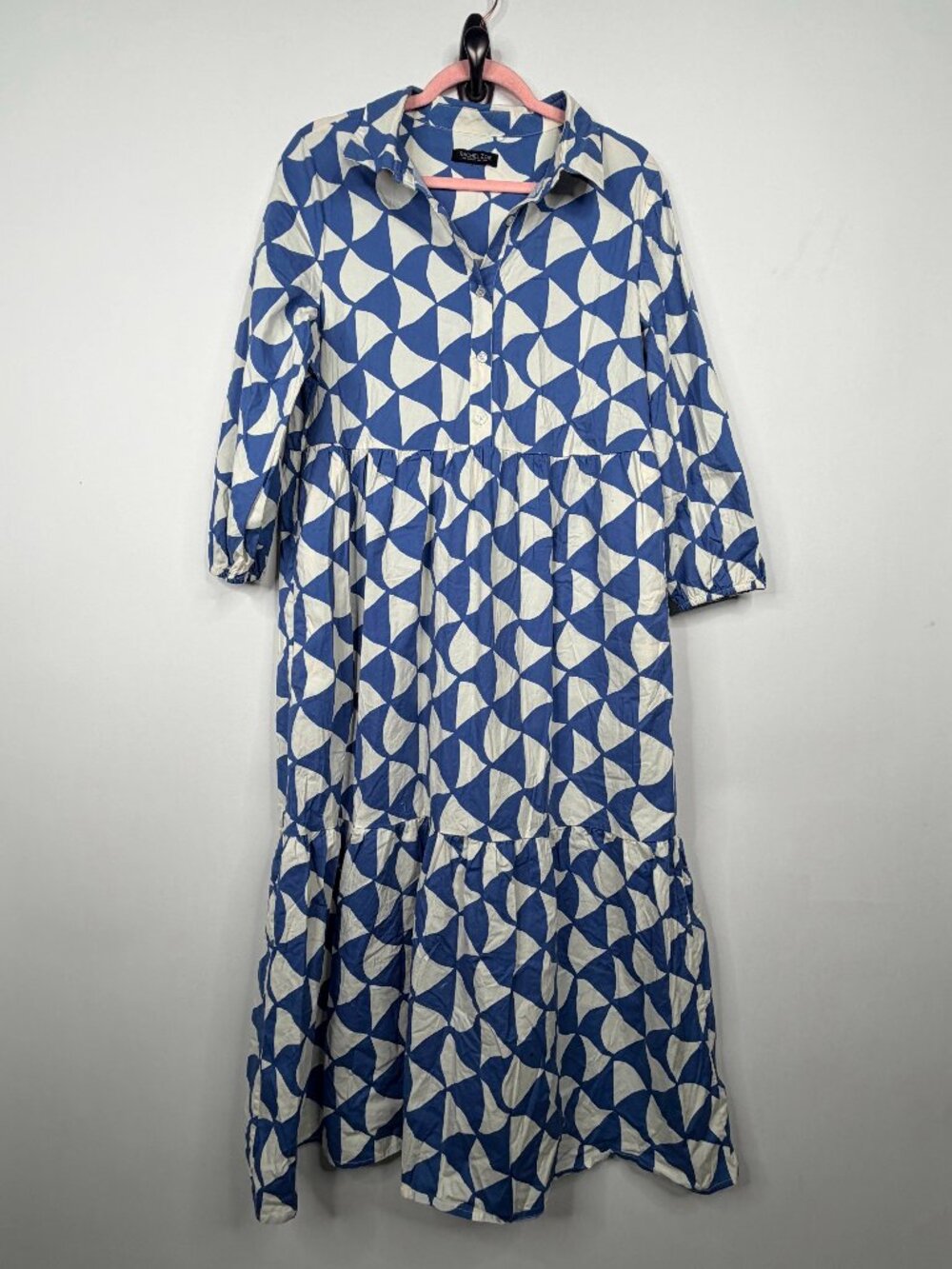 Rachel Zoe Geometric Print Tiered Midi Shirt Dress Blue White L #A3768 - Picture 3 of 8
